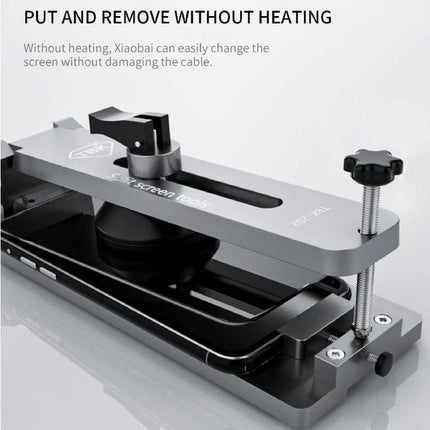 TBK Heat-Free Screen Disassembly Tool for Safe Repairs – metal jig clamping smartphone screen for heat-free removal