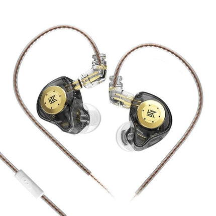 KZ In-Ear Wired Headphones For Running Commuting Everyday black transparent earbuds with gold faceplates and 3.5mm cable