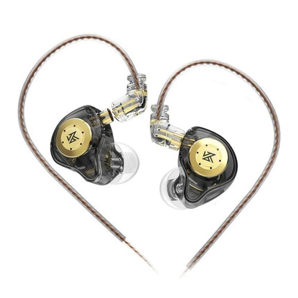 KZ In-Ear Wired Headphones For Running Commuting Everyday showing transparent shells gold accents and braided cable in heart shape