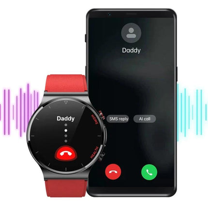 Smart Watch for Daily Health and Activity Monitoring showing call notification on red-banded watch paired with smartphone