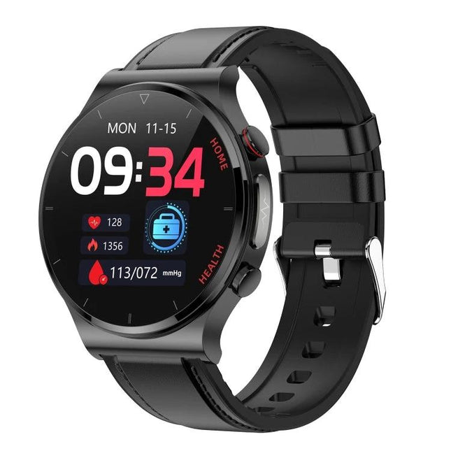 A Versatile Smart Watch for Monitoring Health in Daily Activities - black full-touch smartwatch showing time, heart rate, steps and blood pressure on screen