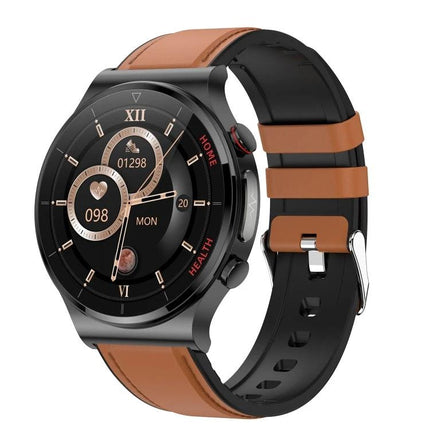 A Versatile Smart Watch for Monitoring Health in Daily Activities - sleek black round smartwatch with brown leather strap showing heart rate and steps