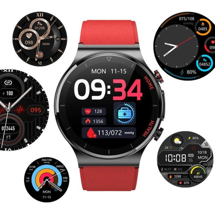 A Versatile Smart Watch for Monitoring Health in Daily Activities - full-touch display showing heart rate, steps, sleep and workout tracking with red strap