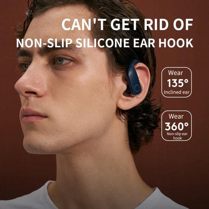 Sanag Wireless Sports Earbuds For Workouts And Commuting showing secure non-slip silicone ear hook on male model