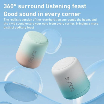 Sanag Compact Bluetooth Speaker For Travel And Outdoor showing two pastel portable speakers highlighting 360° surround sound