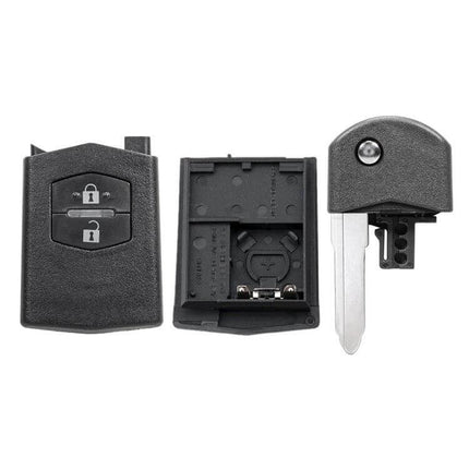Mazda Car Key Shell Cover for 2-Button and 3-Button Key replacement outer housing showing front, inner shell, and detachable key blade