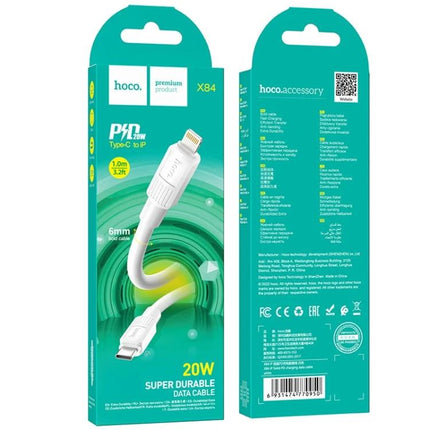Hoco Charging Cable for Daily Phone Power Needs - 1m white Type-C to Lightning 20W durable data cable in retail packaging