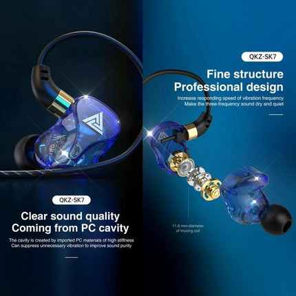 Wired In-Ear Earphones With Mic And 3.5mm Jack For Daily Use showing transparent blue QKZ SK7 drivers and ergonomic design