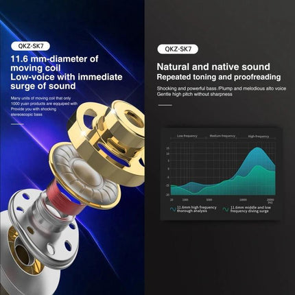 Wired In-Ear Earphones With Mic And 3.5mm Jack For Daily Use showing exploded driver and frequency graph