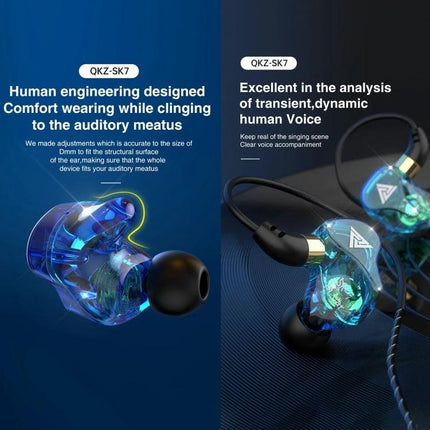 Wired In-Ear Earphones With Mic And 3.5mm Jack For Daily Use showing transparent QKZ SK7 ergonomic earbuds and cable