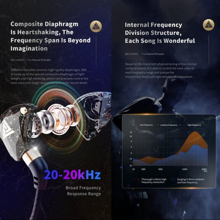 QKZ SK8 Wired In Ear Earphones With Mic For Jogging showing exploded driver, 20-20kHz frequency graph and ergonomic spiral cable