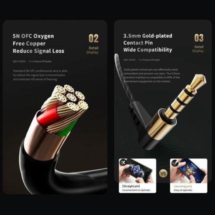 QKZ SK8 Wired In Ear Earphones With Mic For Jogging showing gold 3.5mm plug and oxygen-free copper spiral cable