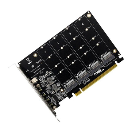 PCI-E Expansion Card with Four Slots for NVMe Storage Upgrade — black PCB showing four numbered NVMe slots and PCIe connector