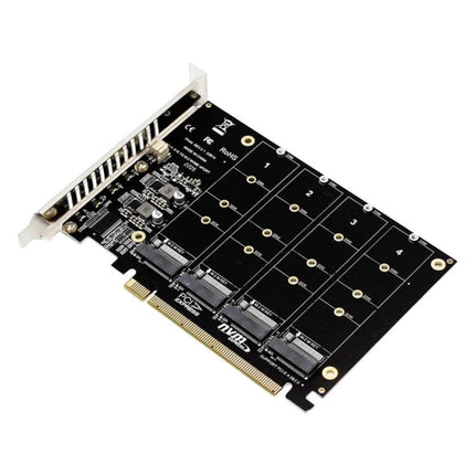 PCI-E Expansion Card with Four Slots for NVMe Storage Upgrade - black PCB card showing four NVMe M.2 slots and PCIe connector