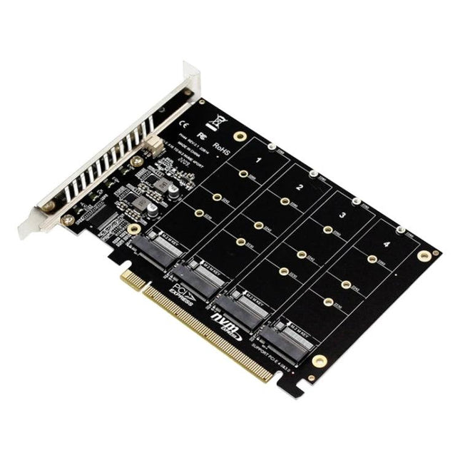 PCI-E Expansion Card with Four Slots for NVMe Storage Upgrade - black PCB card showing four NVMe M.2 slots and PCIe connector