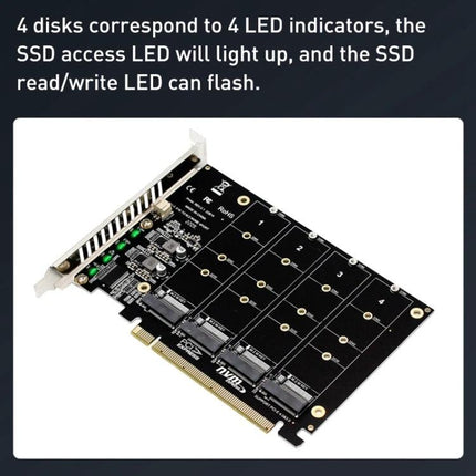 PCI-E Expansion Card with Four Slots for NVMe Storage Upgrade showing four NVMe slots and LED indicators on black PCB