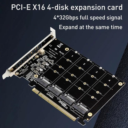 PCI-E Expansion Card with Four Slots for NVMe Storage Upgrade - black PCIe x16 4-disk NVMe adapter for video editors and data analysts, 4x32Gbps