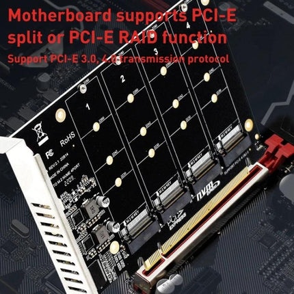 PCI-E Expansion Card with Four Slots for NVMe Storage Upgrade installed in motherboard showing four NVMe M.2 slots and PCIe connector