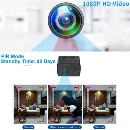 Mini HD Camcorder with Night Vision for Everyday Video Capture showing night mode, PIR motion detection, and 1080P recording in home monitoring scenarios