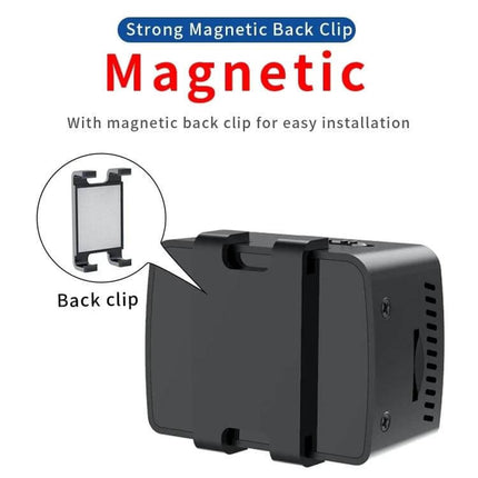 Mini HD Camcorder with Night Vision for Everyday Video Capture magnetic back clip shown on compact camcorder for easy installation