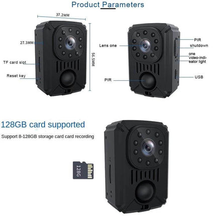 Portable Mini Camcorder for Night Vision Video Recording compact black PIR motion sensor camera with 128GB TF card support (full HD 1920x1080)