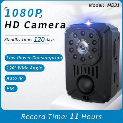 Portable Mini Camcorder for Night Vision Video Recording — compact 1080P HD camera with auto IR, PIR motion, 120° wide angle, 11-hour record time