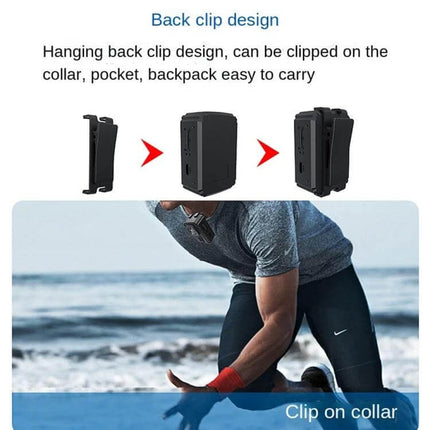 Portable Mini Camcorder for Night Vision Video Recording with back clip design shown clipped to collar for hands-free monitoring