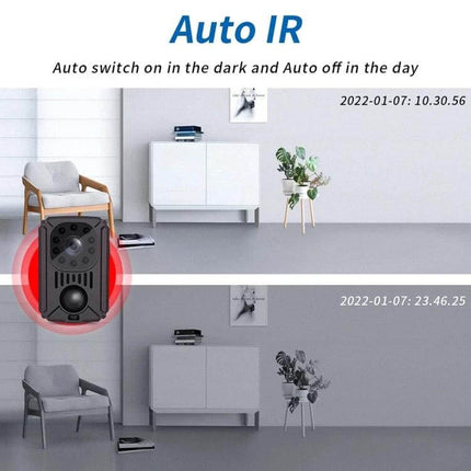 Portable Mini Camcorder for Night Vision Video Recording mounted indoors showing auto IR day vs night demo for home security and motion-triggered recording