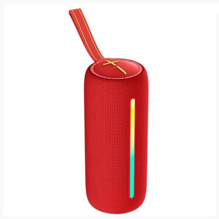 Alt Tag: HOPESTAR Portable Bluetooth Speaker For Outdoor And Home Use red cylindrical portable speaker with strap and LED light