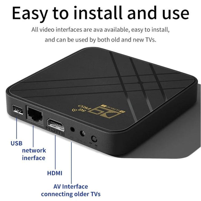D9 Pro Android TV Box with 4K HD for Home Streaming - compact black TV box showing HDMI, USB, network and AV ports, easy to install