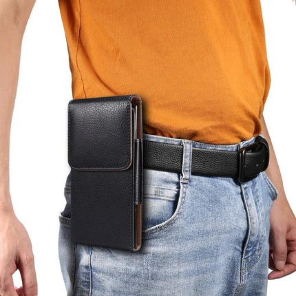 Men's Litchi Texture PU Phone Waist Bag Fits 6.9 Inch Phones - black litchi PU belt phone pouch for hikers commuters travelers