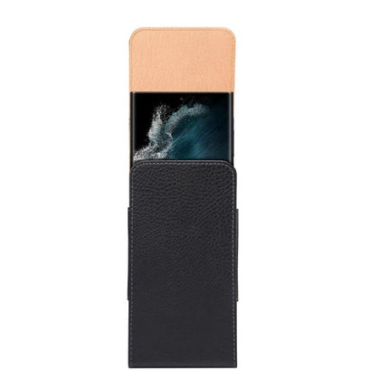 Men's Litchi Texture PU Phone Waist Bag Fits 6.9 Inch Phones - black litchi PU pouch with phone partially inserted