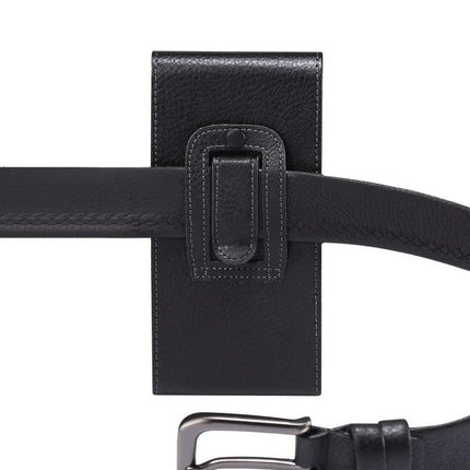 Men's Litchi Texture PU Phone Waist Bag Fits 6.9 Inch Phones — black litchi-texture PU belt phone pouch with secure belt loop