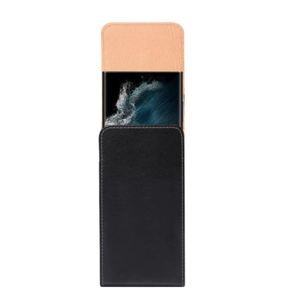 Men's Glossy Leather Phone Waist Bag For 6.9-Inch Models black vertical belt pouch showing phone partially inserted, glossy leather