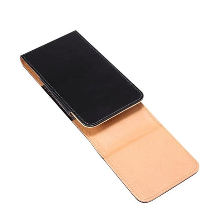 Men's Glossy Leather Phone Waist Bag For 6.9-Inch Models — black glossy leather belt pouch with flip cover for 6.9-inch smartphones, lightweight hands-free travel