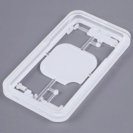 Laser Disassembly Protective Mould for iPhone Battery Covers — clear white mould frame for safe back glass removal in phone repair and DIY