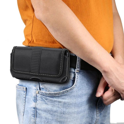Oxford Cloth Waist Bag For Phones, Fits Up To 6.9 Inches - black nylon Oxford waist pouch with belt loop, soft flannel lining, hands-free phone carry