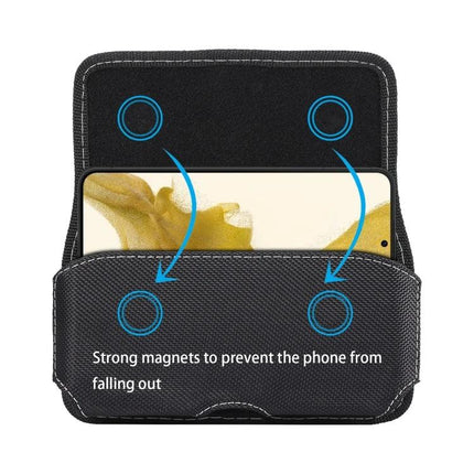 Oxford Cloth Waist Bag For Phones, Fits Up To 6.9 Inches - black magnetic pouch showing phone inside with strong magnets to prevent falling out
