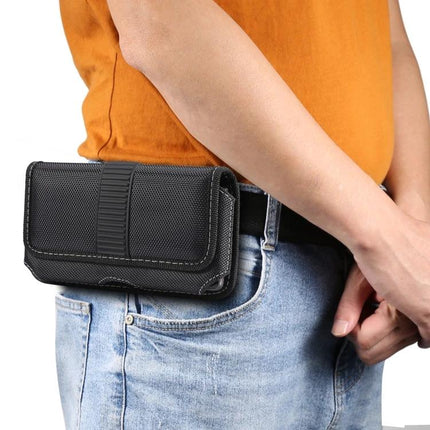 Oxford Cloth Waist Bag For Phones, Fits Up To 6.9 Inches - black nylon oxford waist pouch on belt, soft lining protects phone during hikes and commuting