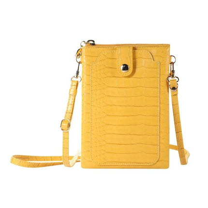 Phone And Card Holder With Strap In Litchi Texture PU Leather For Everyday Use On The Go - compact yellow litchi-texture crossbody with strap and card pocket