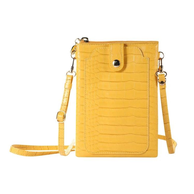 Phone And Card Holder With Strap In Litchi Texture PU Leather For Everyday Use On The Go - compact yellow litchi-texture crossbody with strap and card pocket