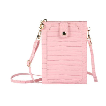Phone And Card Holder With Strap In Litchi Texture PU Leather For Everyday Use On The Go - pink compact crossbody wallet