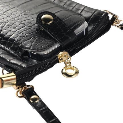 Phone And Card Holder With Strap In Litchi Texture PU Leather For Everyday Use On The Go - black litchi texture pouch showing zip, strap and phone pocket