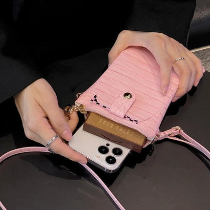 Phone And Card Holder With Strap In Litchi Texture PU Leather For Everyday Use On The Go - pink litchi PU crossbody holding phone and cards