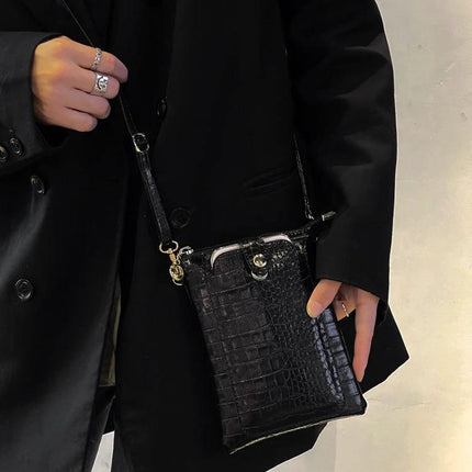 Phone And Card Holder With Strap In Litchi Texture PU Leather For Everyday Use On The Go - black litchi textured crossbody phone and card holder