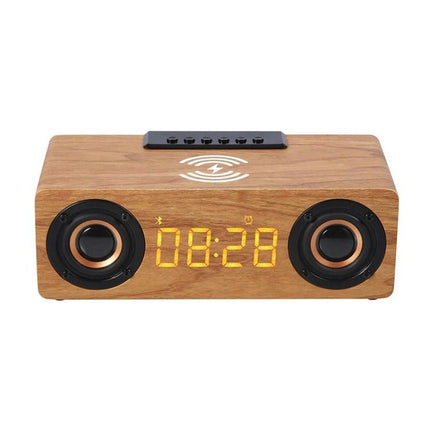 Wooden Bluetooth Desk Speaker With Battery Power For Home on desk with digital clock wireless charging