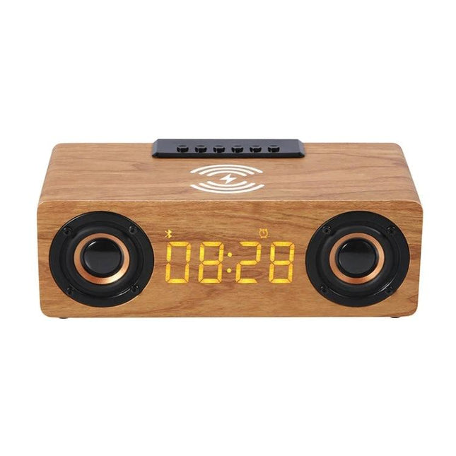 Wooden Bluetooth Desk Speaker With Battery Power For Home on desk with digital clock wireless charging