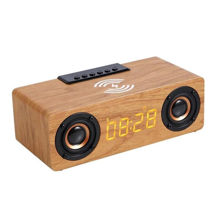 Wooden Bluetooth Desk Speaker With Battery Power For Home on desk showing clock, dual drivers and wireless charging