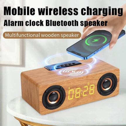Wooden Bluetooth Desk Speaker With Battery Power For Home on desk with clock display, wireless charging and smartphone
