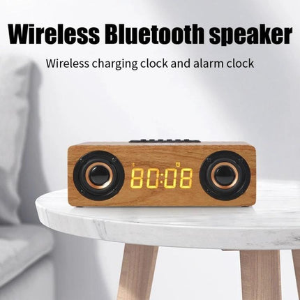 Wooden Bluetooth Desk Speaker With Battery Power For Home on bedside table with clock display and wireless charging